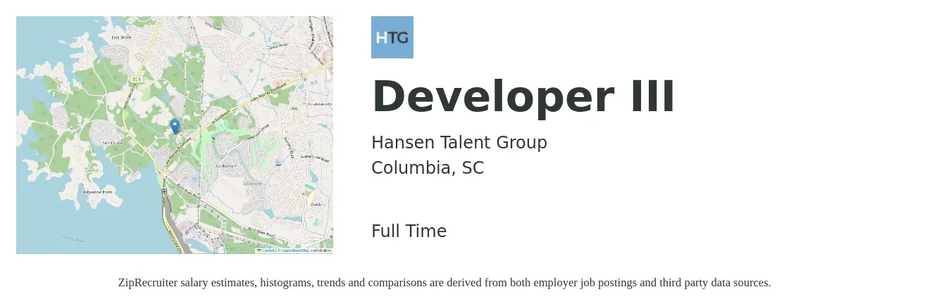Hansen Talent Group job posting for a Developer III in Columbia, SC with a salary of $86,600 to $128,200 Yearly with a map of Columbia location.