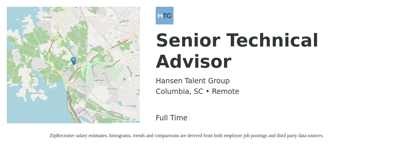 Hansen Talent Group job posting for a Senior Technical Advisor in Columbia, SC with a salary of $74,900 to $114,700 Yearly with a map of Columbia location.