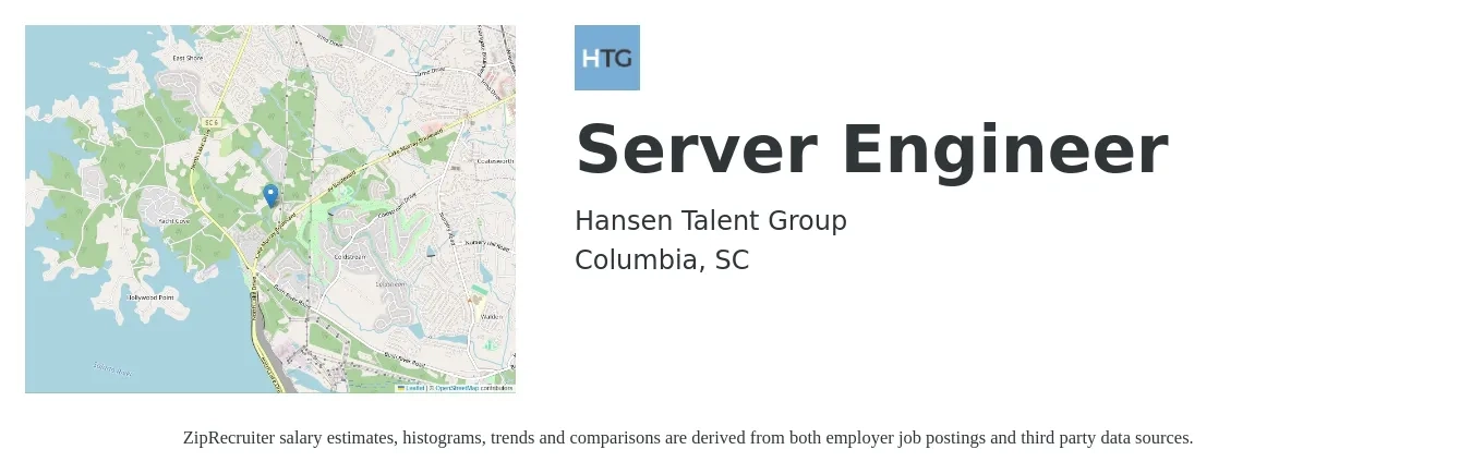 Hansen Talent Group job posting for a Server Engineer in Columbia, SC with a salary of $75,600 to $106,300 Yearly with a map of Columbia location.