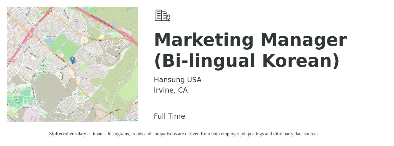 Hansung USA job posting for a Marketing Manager (Bi-lingual Korean) in Irvine, CA with a salary of $70,000 Yearly with a map of Irvine location.