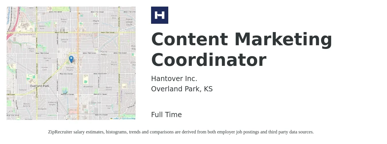 Hantover Inc. job posting for a Content Marketing Coordinator in Overland Park, KS with a salary of $43,300 to $54,600 Yearly with a map of Overland Park location.