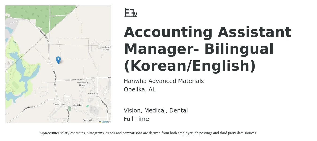 Hanwha Advanced Materials job posting for a Accounting Assistant Manager- Bilingual (Korean/English) in Opelika, AL with a salary of $46,800 to $81,700 Yearly and benefits including dental, life_insurance, medical, pto, retirement, and vision with a map of Opelika location.