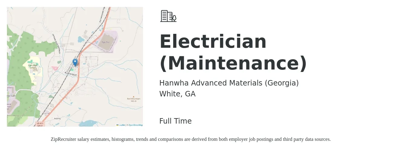 Hanwha Advanced Materials (Georgia) job posting for a Electrician (Maintenance) in White, GA with a salary of $25 to $32 Hourly with a map of White location.