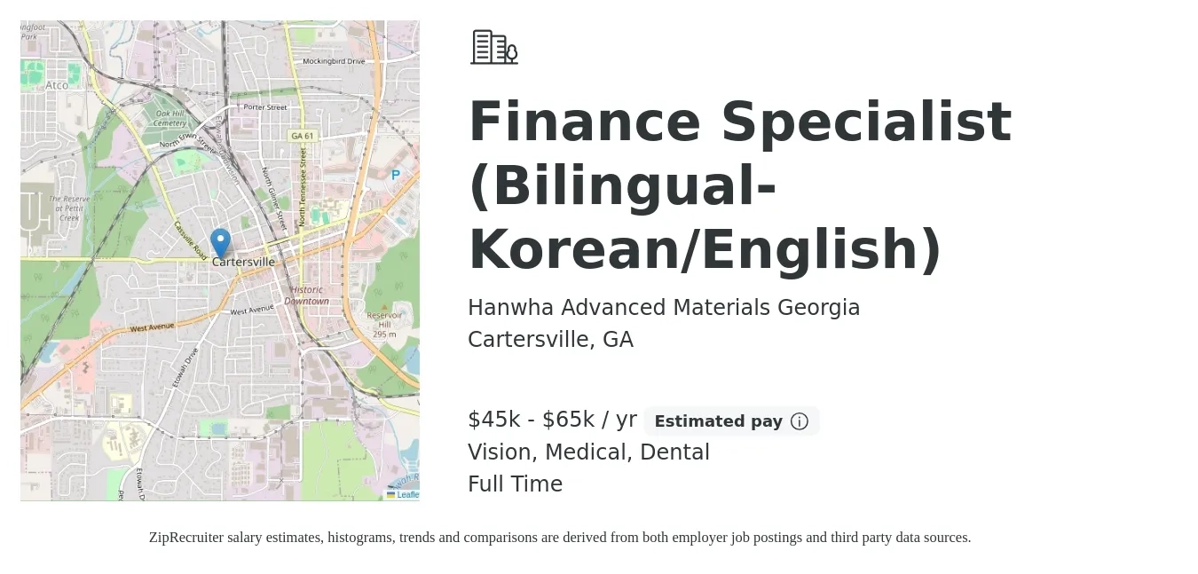Hanwha Advanced Materials Georgia job posting for a Finance Specialist (Bilingual- Korean/English) in Cartersville, GA with a salary of $45,000 to $65,000 Yearly and benefits including vision, dental, life_insurance, medical, pto, and retirement with a map of Cartersville location.