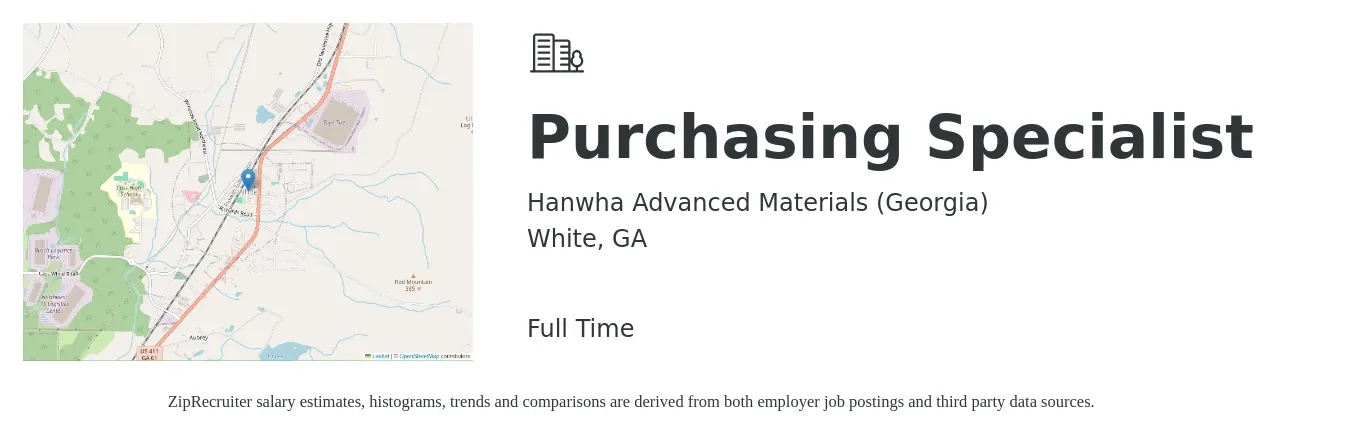 Hanwha Advanced Materials (Georgia) job posting for a Purchasing Specialist in White, GA with a salary of $29 to $31 Hourly with a map of White location.