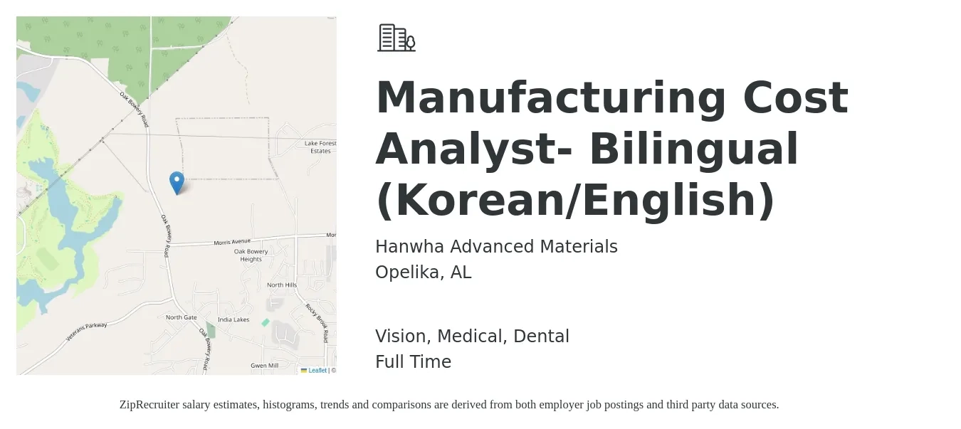 Hanwha Advanced Materials job posting for a Manufacturing Cost Analyst- Bilingual (Korean/English) in Opelika, AL with a salary of $74,400 to $82,600 Yearly and benefits including vision, dental, life_insurance, medical, pto, and retirement with a map of Opelika location.