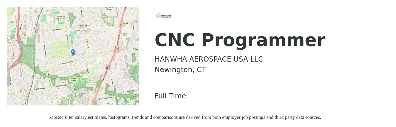 HANWHA AEROSPACE USA LLC job posting for a CNC Programmer in Newington, CT with a salary of $26 to $36 Hourly with a map of Newington location.