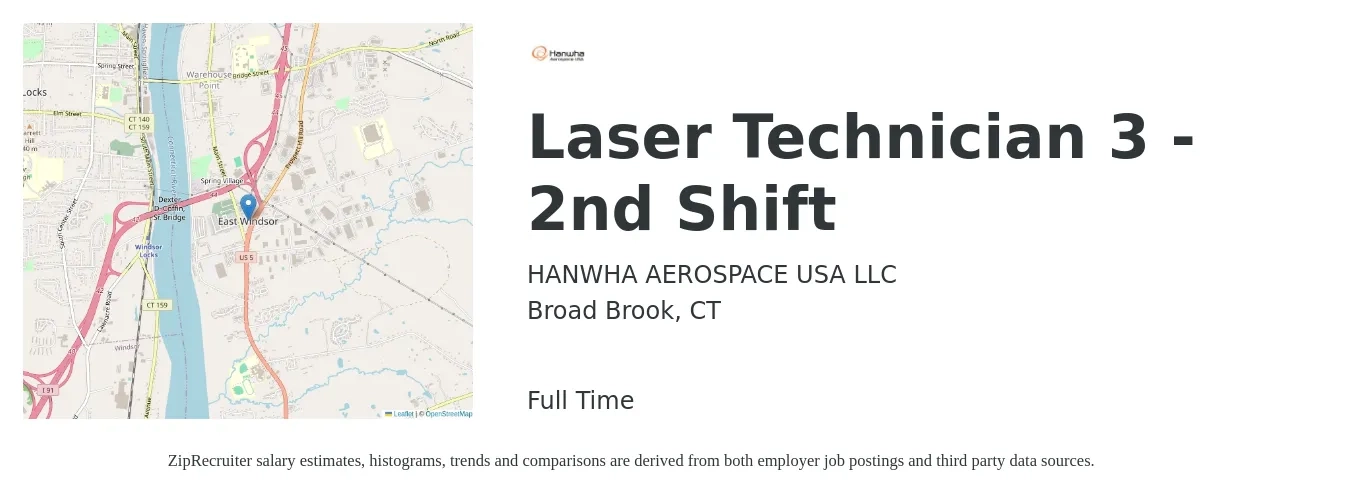 HANWHA AEROSPACE USA LLC job posting for a Laser Technician 3 - 2nd Shift in Broad Brook, CT with a salary of $20 to $29 Hourly with a map of Broad Brook location.