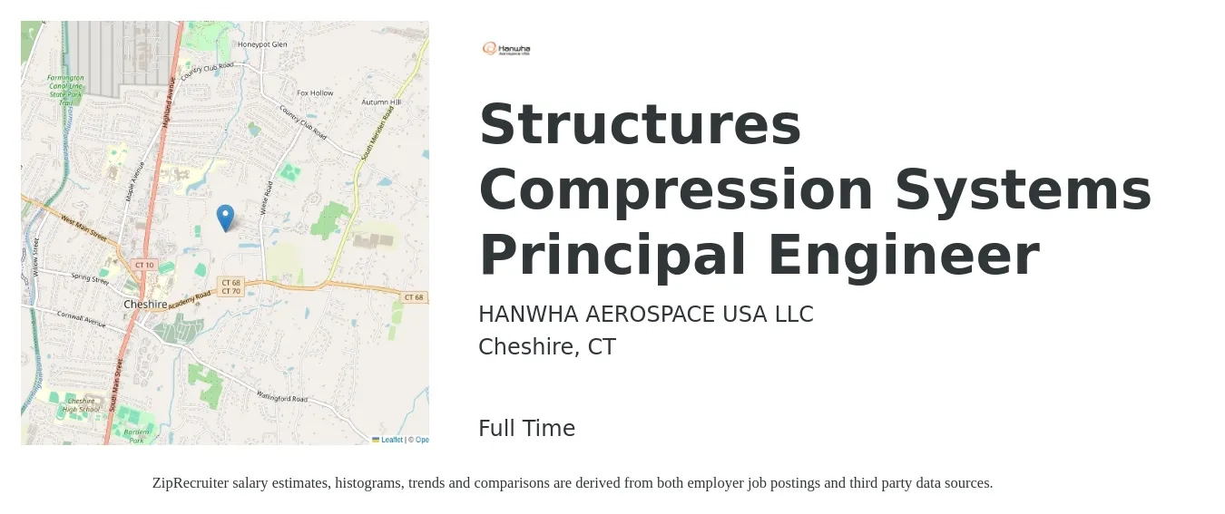 HANWHA AEROSPACE USA LLC job posting for a Structures Compression Systems Principal Engineer in Cheshire, CT with a salary of $120,900 to $176,400 Yearly with a map of Cheshire location.