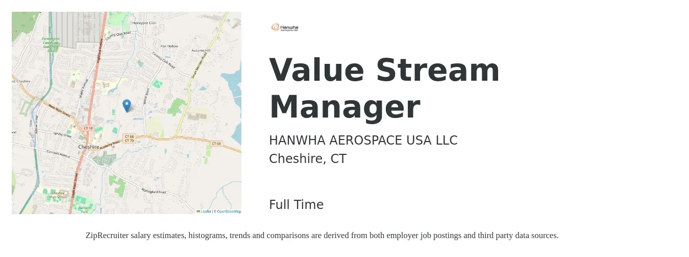 HANWHA AEROSPACE USA LLC job posting for a Value Stream Manager in Cheshire, CT with a salary of $44,300 to $88,200 Yearly with a map of Cheshire location.