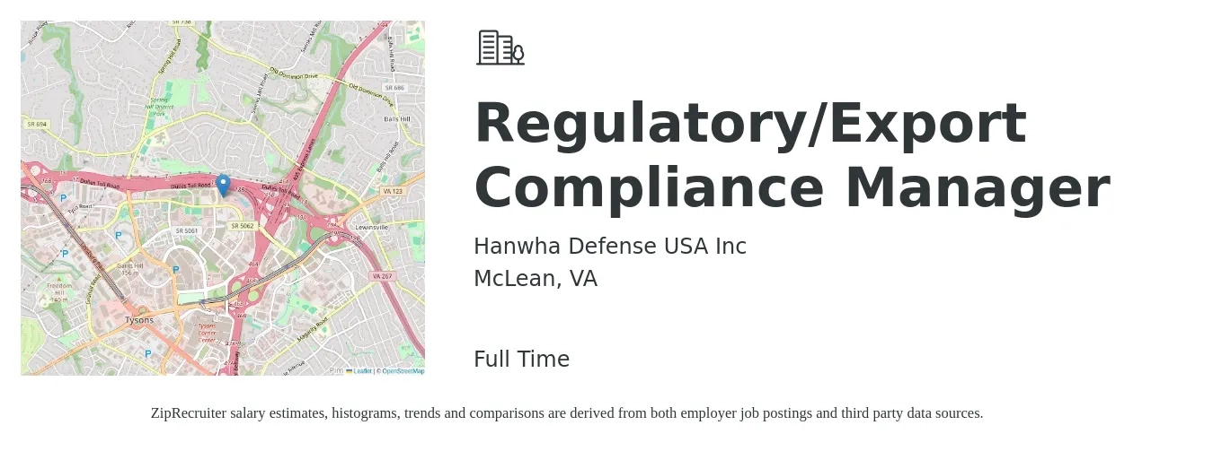 Hanwha Defense USA Inc job posting for a Regulatory/Export Compliance Manager in McLean, VA with a salary of $70,800 to $116,200 Yearly with a map of McLean location.