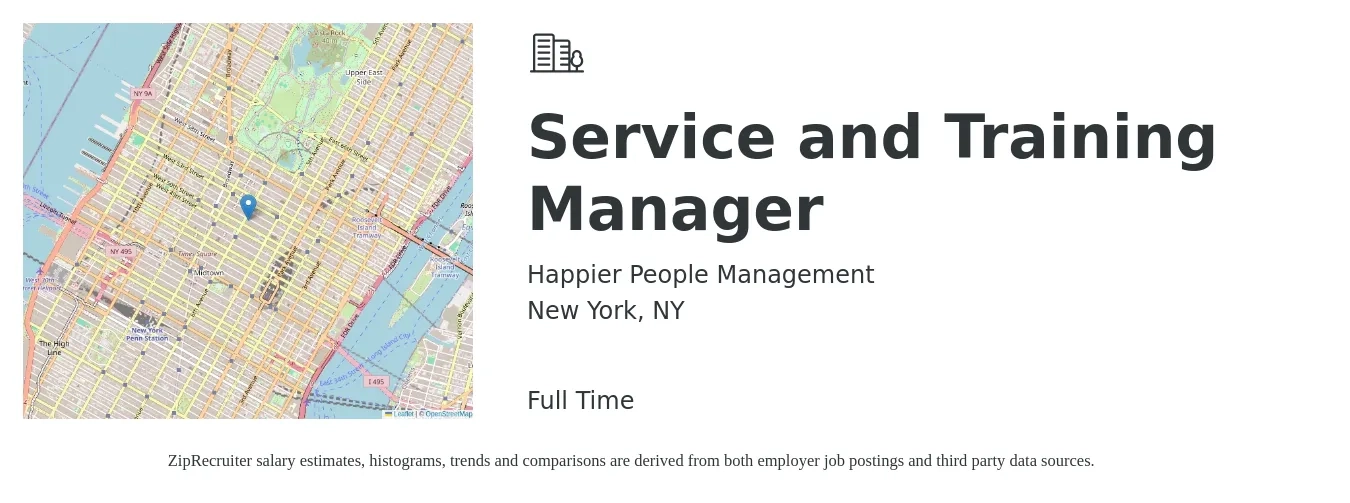 Happier People Management job posting for a Service and Training Manager in New York, NY with a salary of $37,200 to $60,300 Yearly with a map of New York location.