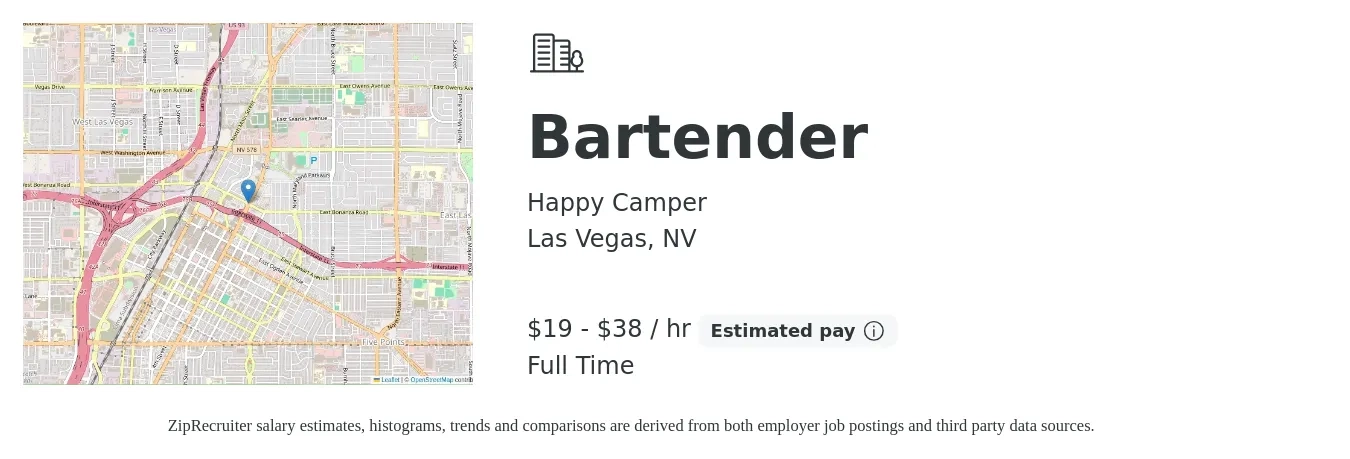 Happy Camper job posting for a Bartender in Las Vegas, NV with a salary of $20 to $40 Hourly with a map of Las Vegas location.