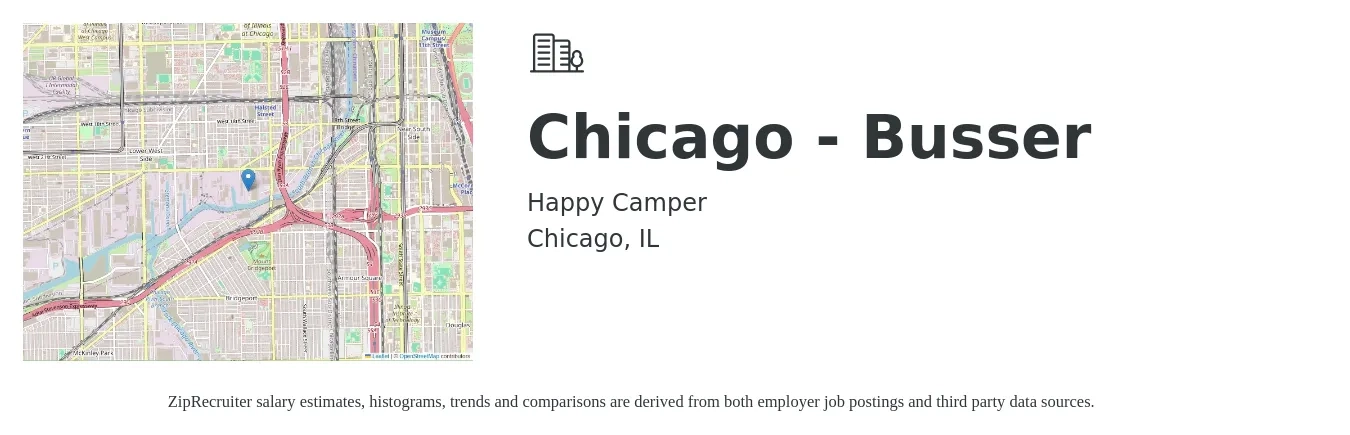 Happy Camper job posting for a Chicago - Busser in Chicago, IL with a salary of $11 to $16 Hourly with a map of Chicago location.