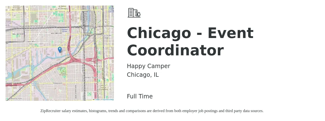 Happy Camper job posting for a Chicago - Event Coordinator in Chicago, IL with a salary of $21 to $30 Hourly with a map of Chicago location.