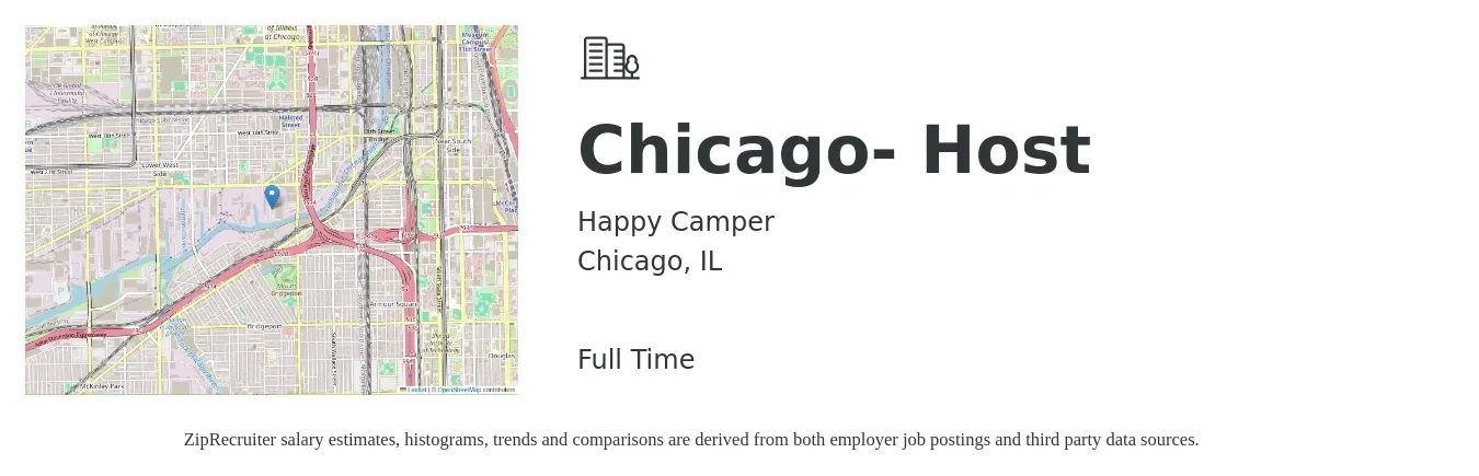 Happy Camper job posting for a Chicago- Host in Chicago, IL with a salary of $14 to $18 Hourly with a map of Chicago location.