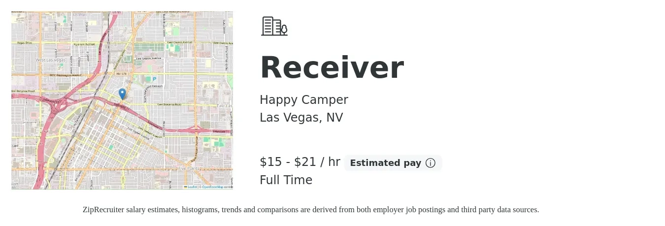 Happy Camper job posting for a Receiver in Las Vegas, NV with a salary of $16 to $22 Hourly with a map of Las Vegas location.