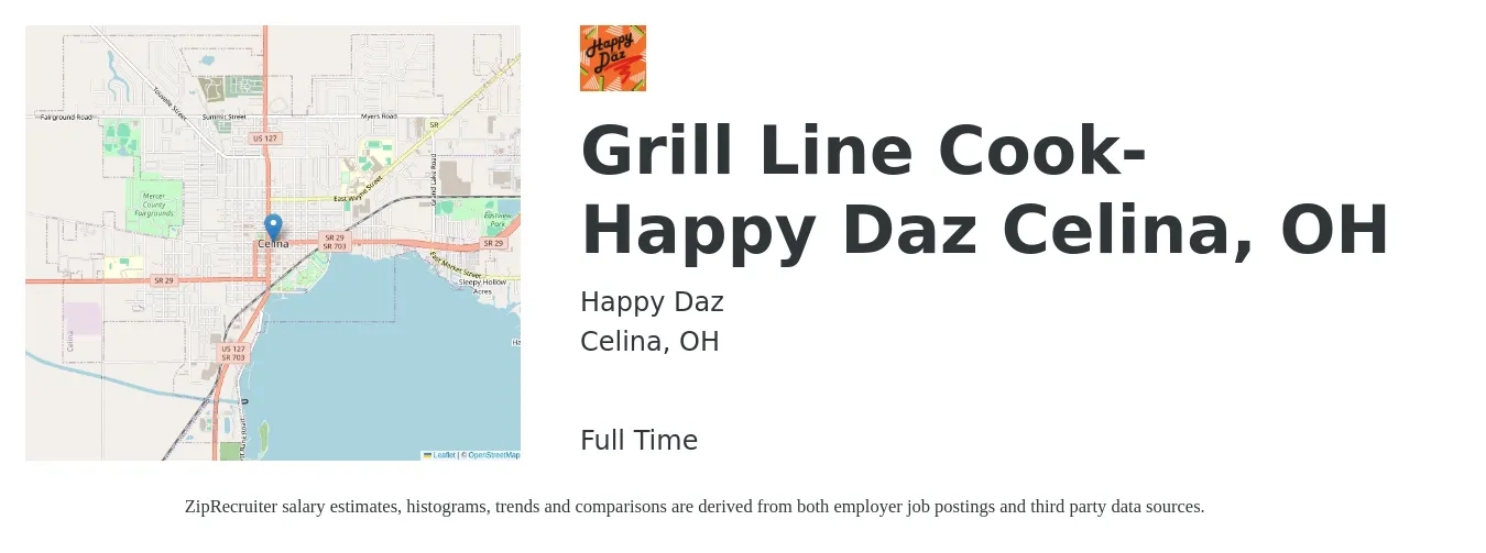Happy Daz job posting for a Grill Line Cook- Happy Daz Celina, OH in Celina, OH with a salary of $12 to $15 Hourly with a map of Celina location.