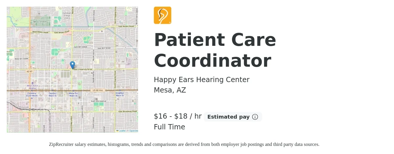 Happy Ears Hearing Center job posting for a Patient Care Coordinator in Mesa, AZ with a salary of $17 to $19 Hourly with a map of Mesa location.