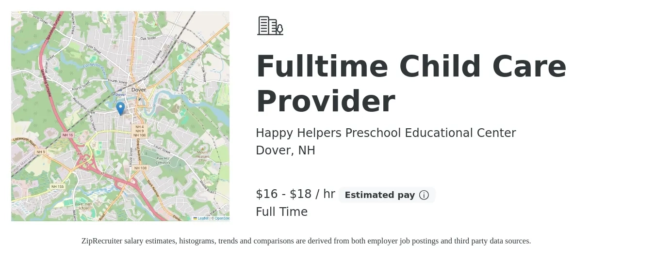 Happy Helpers Preschool Educational Center job posting for a Fulltime Child Care Provider in Dover, NH with a salary of $17 to $19 Hourly with a map of Dover location.