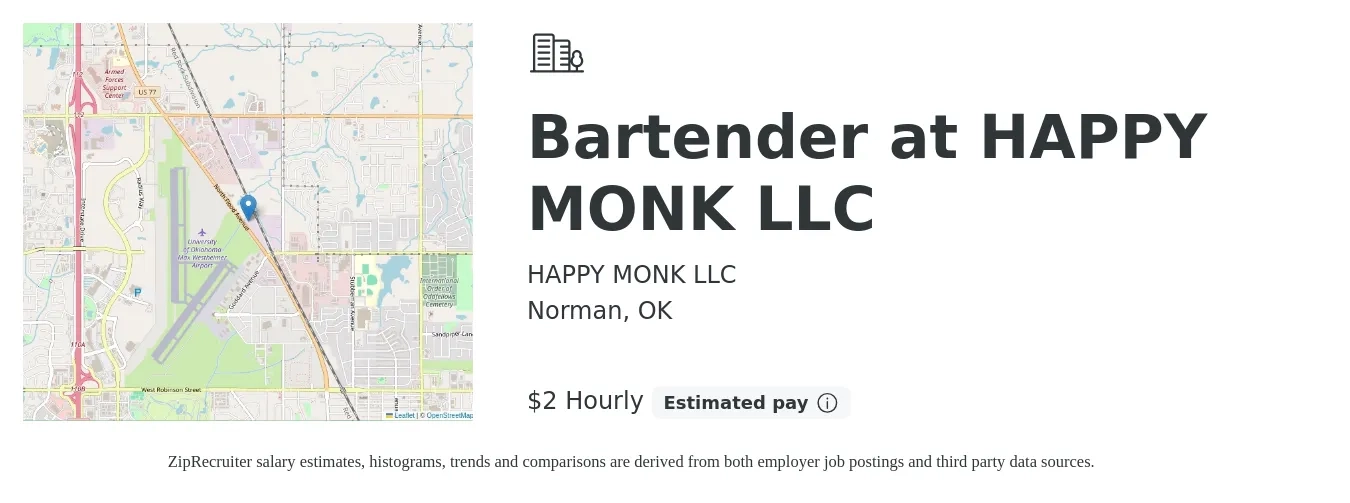 HAPPY MONK LLC job posting for a Bartender at HAPPY MONK LLC in Norman, OK with a salary of $2 Hourly with a map of Norman location.