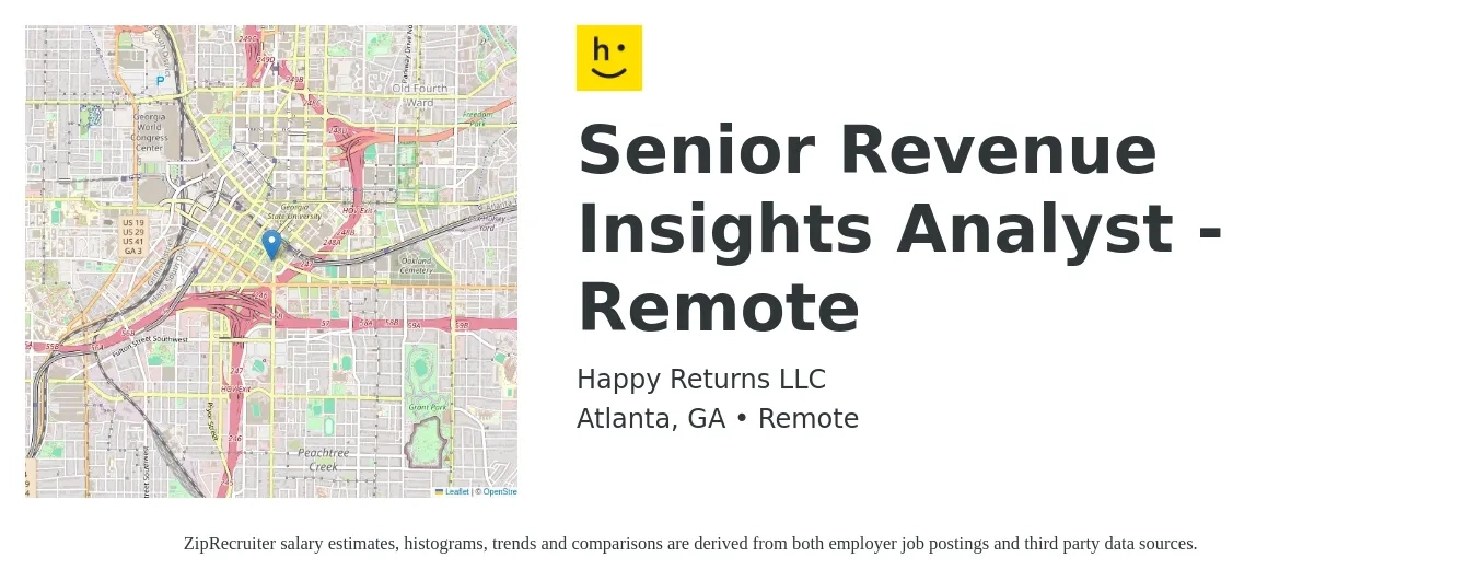Happy Returns LLC job posting for a Senior Revenue Insights Analyst - Remote in Atlanta, GA with a salary of $84,600 to $112,000 Yearly with a map of Atlanta location.