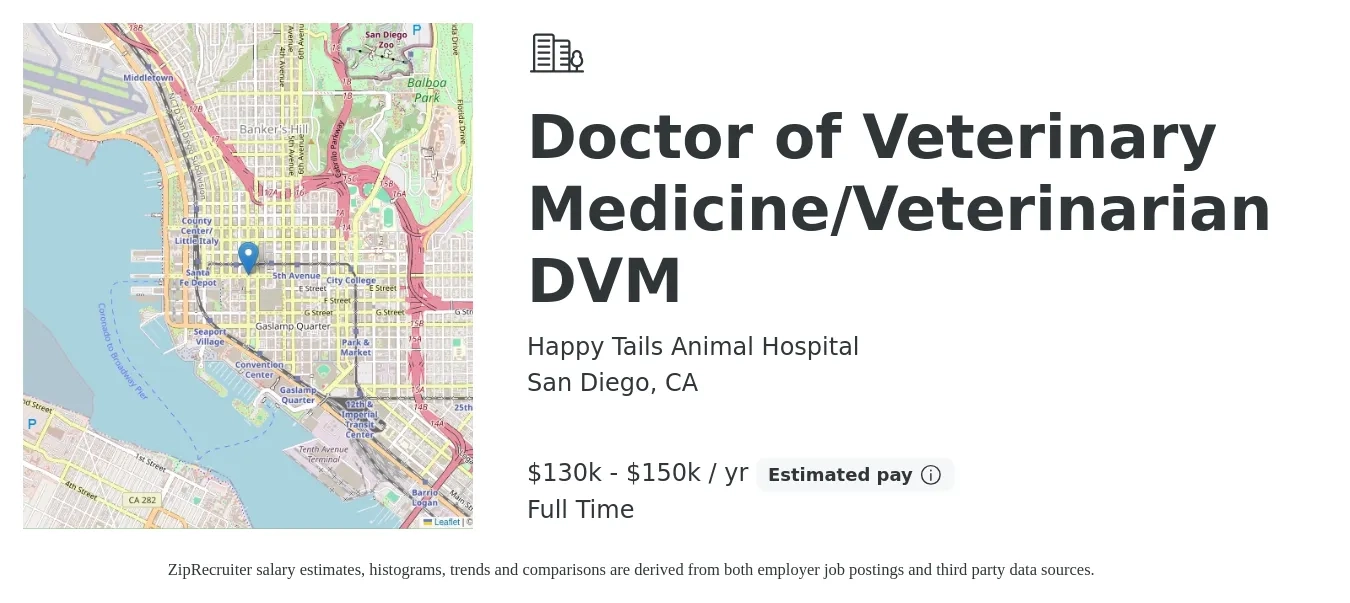 Happy Tails Animal Hospital job posting for a Doctor of Veterinary Medicine/Veterinarian DVM in San Diego, CA with a salary of $130,000 to $150,000 Yearly and benefits including pto, and retirement with a map of San Diego location.