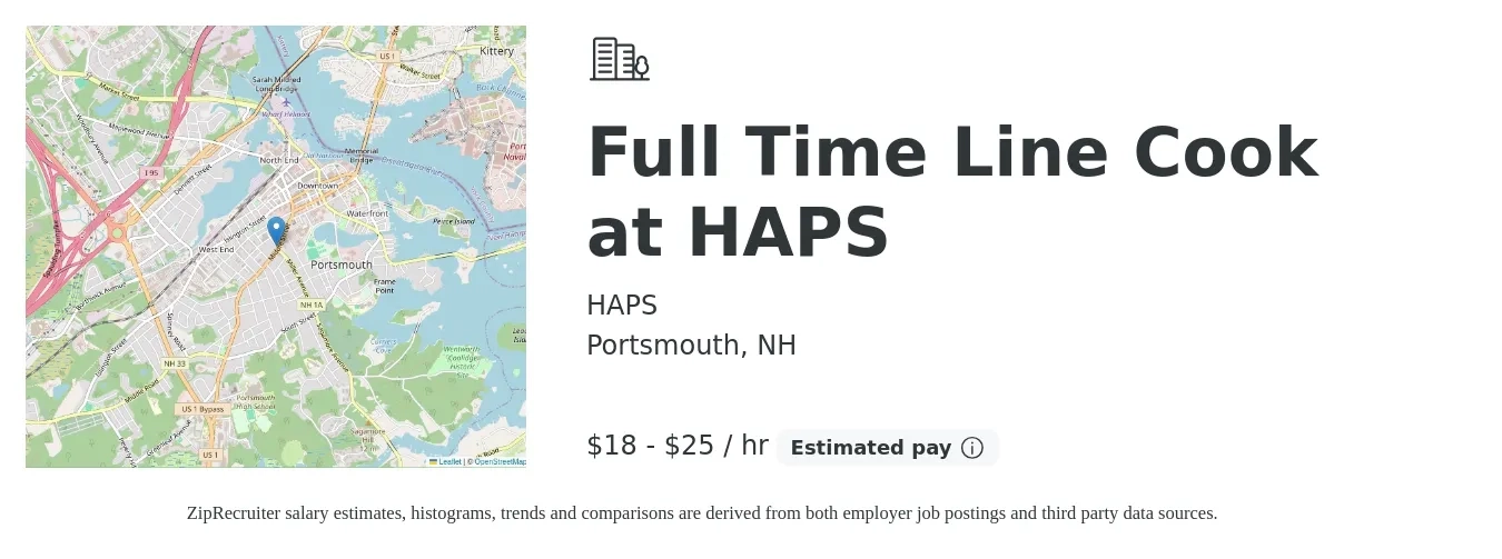 HAPS job posting for a Full Time Line Cook at HAPS in Portsmouth, NH with a salary of $19 to $26 Hourly with a map of Portsmouth location.