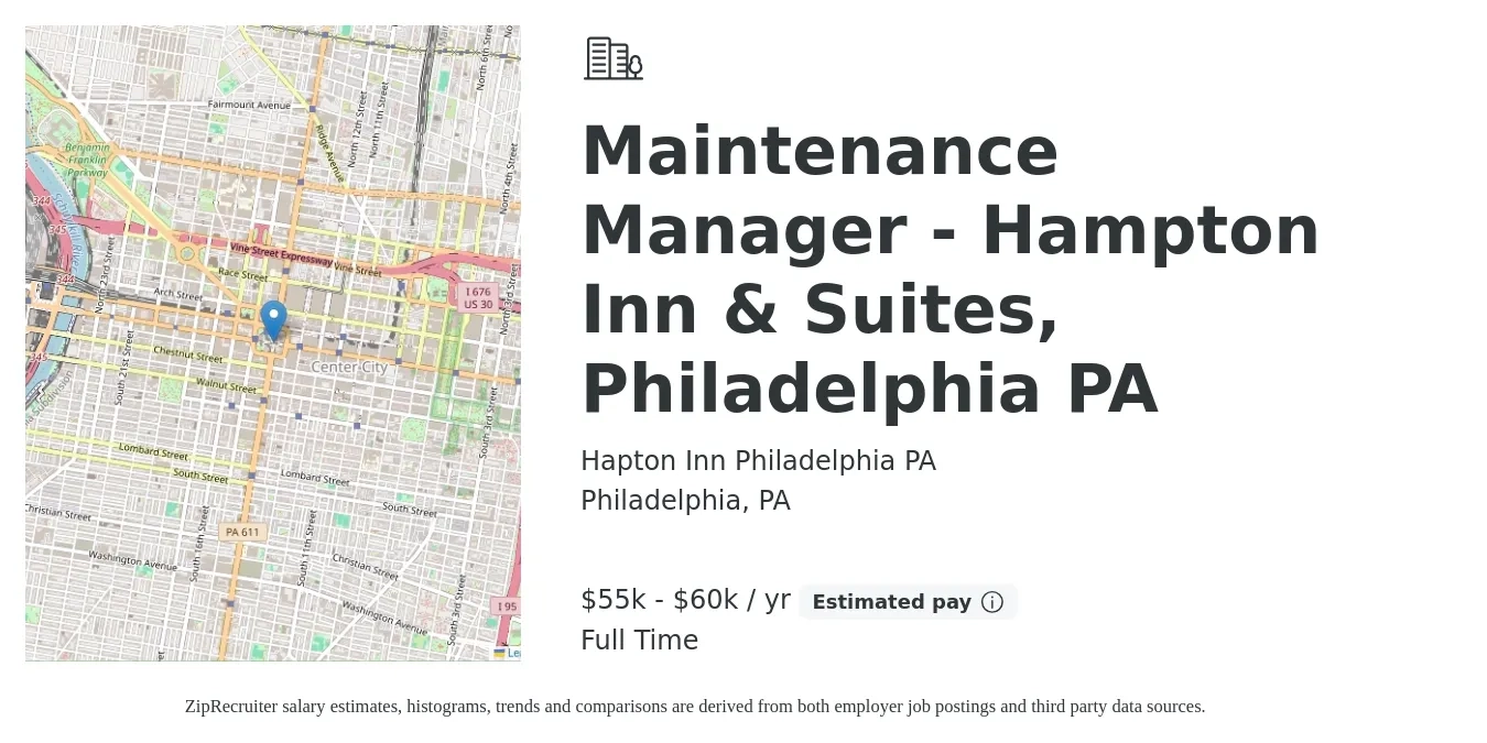 Hapton Inn Philadelphia PA job posting for a Maintenance Manager - Hampton Inn & Suites, Philadelphia PA in Philadelphia, PA with a salary of $55,000 to $60,000 Yearly with a map of Philadelphia location.