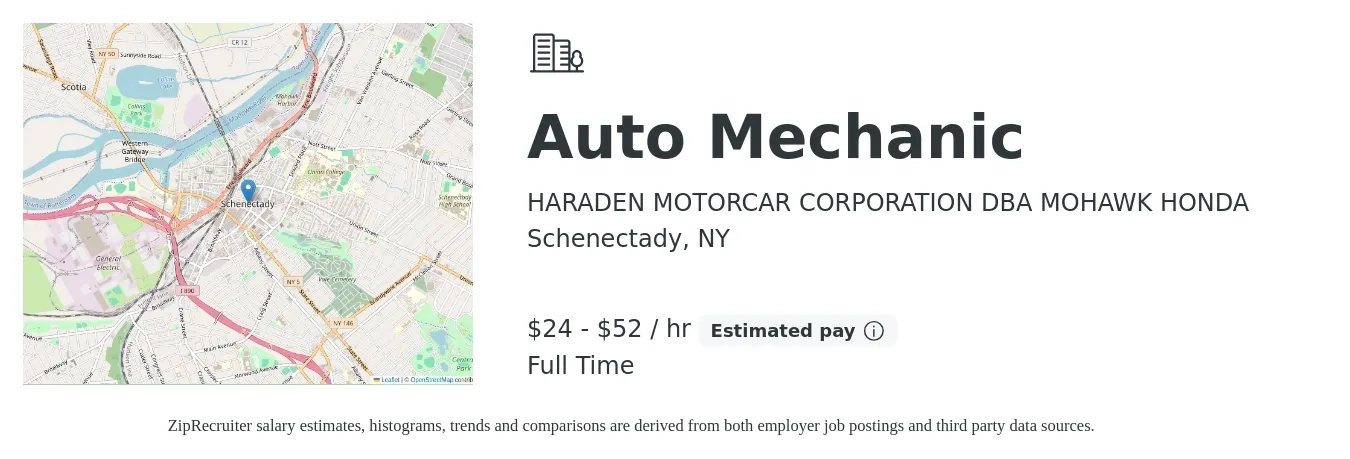 HARADEN MOTORCAR CORPORATION DBA MOHAWK HONDA job posting for a Auto Mechanic in Schenectady, NY with a salary of $25 to $55 Hourly with a map of Schenectady location.