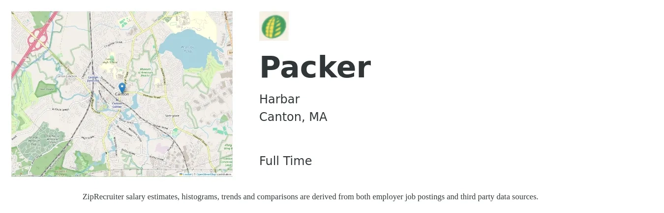 Harbar job posting for a Packer in Canton, MA with a salary of $16 to $19 Hourly with a map of Canton location.