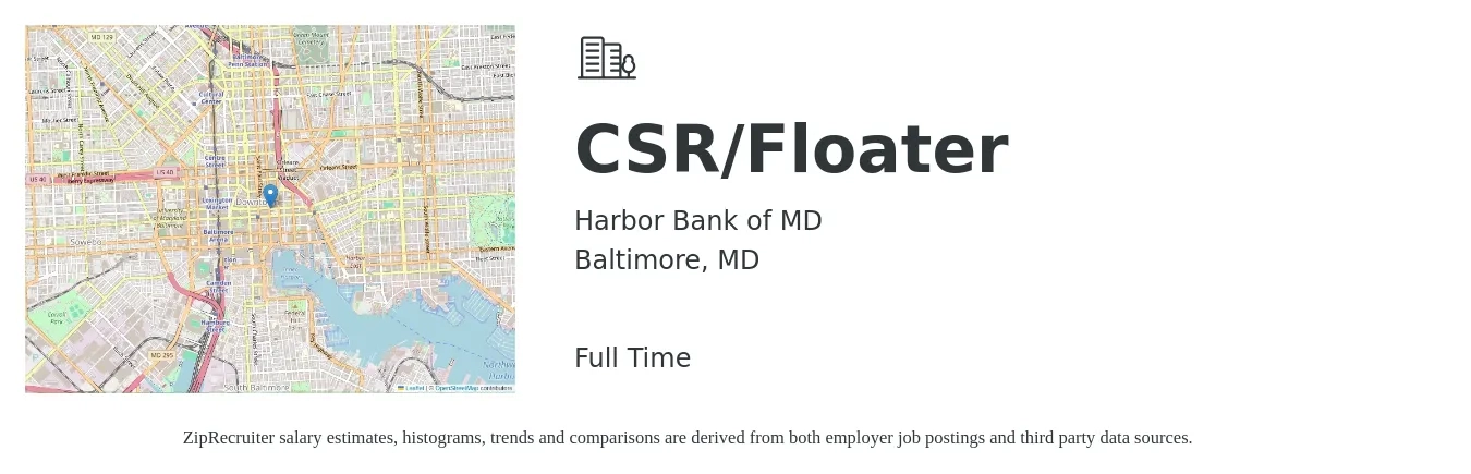 Harbor Bank of MD job posting for a CSR/Floater in Baltimore, MD with a salary of $16 to $22 Hourly with a map of Baltimore location.