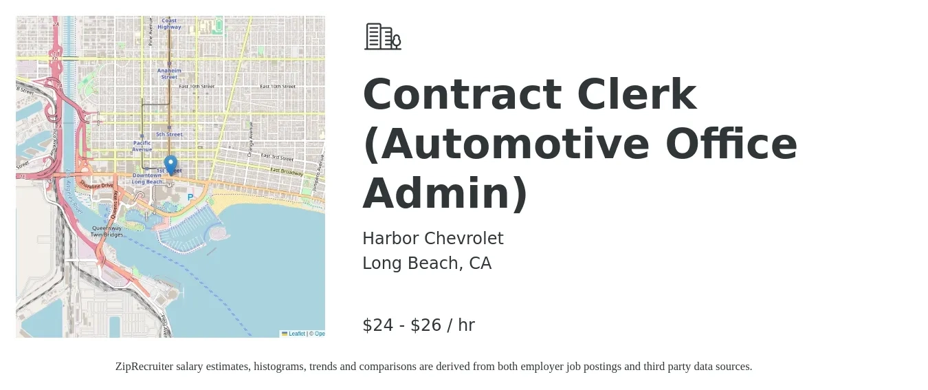 Harbor Chevrolet job posting for a Contract Clerk (Automotive Office Admin) in Long Beach, CA with a salary of $25 to $28 Hourly with a map of Long Beach location.