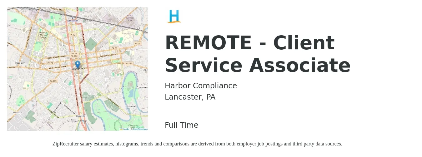 Harbor Compliance job posting for a REMOTE - Client Service Associate in Lancaster, PA with a salary of $14 to $20 Hourly with a map of Lancaster location.
