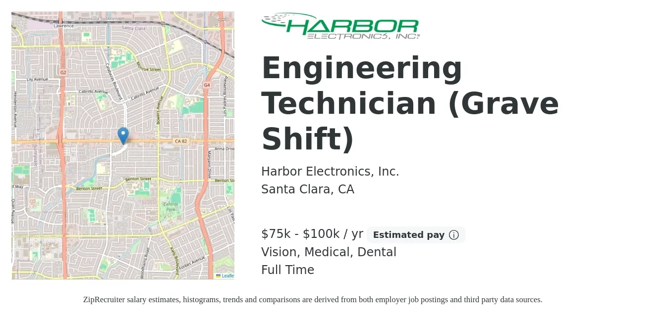 Harbor Electronics, Inc. job posting for a Engineering Technician (Grave Shift) in Santa Clara, CA with a salary of $75,000 to $100,000 Yearly and benefits including vision, dental, life_insurance, medical, and retirement with a map of Santa Clara location.