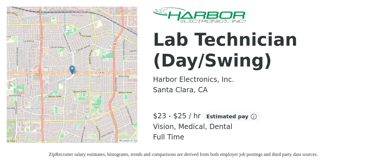 Harbor Electronics, Inc. job posting for a Lab Technician (Day/Swing) in Santa Clara, CA with a salary of $24 to $27 Hourly and benefits including retirement, vision, dental, life_insurance, and medical with a map of Santa Clara location.
