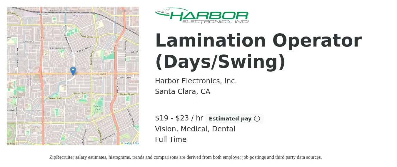 Harbor Electronics, Inc. job posting for a Lamination Operator (Days/Swing) in Santa Clara, CA with a salary of $20 to $24 Hourly and benefits including life_insurance, medical, retirement, vision, and dental with a map of Santa Clara location.