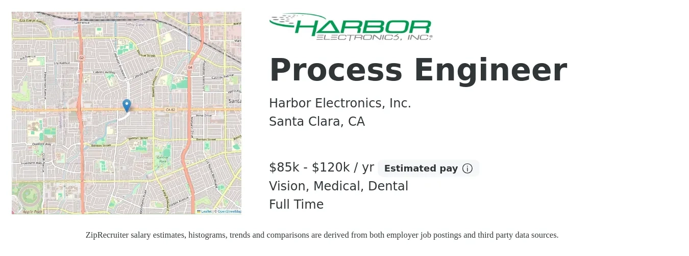 Harbor Electronics, Inc. job posting for a Process Engineer in Santa Clara, CA with a salary of $85,000 to $120,000 Yearly and benefits including retirement, vision, dental, life_insurance, and medical with a map of Santa Clara location.
