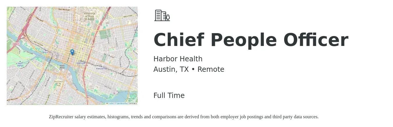 Harbor Health job posting for a Chief People Officer in Austin, TX with a salary of $110,900 to $184,100 Yearly with a map of Austin location.