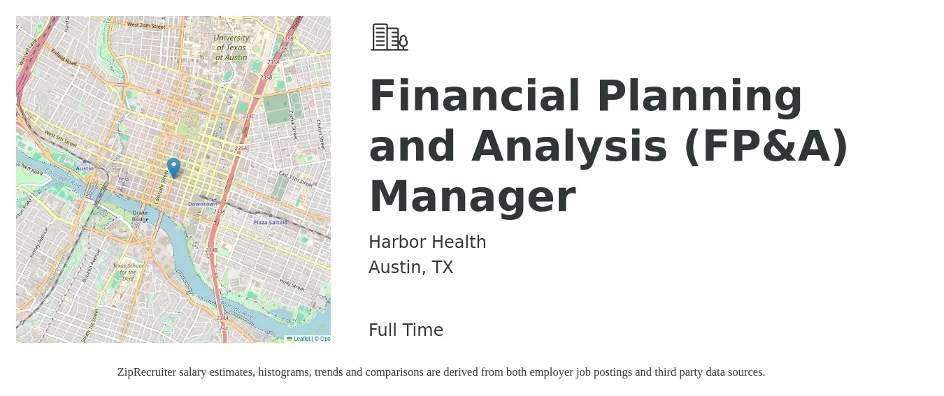 Harbor Health job posting for a Financial Planning and Analysis (FP&A) Manager in Austin, TX with a salary of $105,000 to $137,800 Yearly with a map of Austin location.