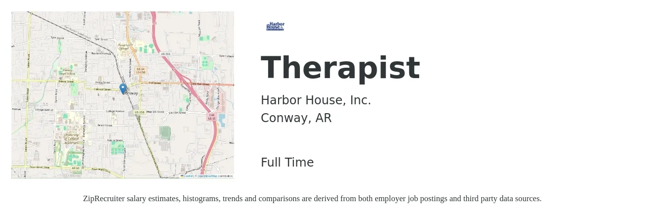 Harbor House, Inc. job posting for a Therapist in Conway, AR with a salary of $47,700 to $64,100 Yearly with a map of Conway location.