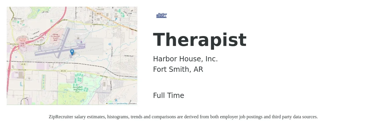 Harbor House, Inc. job posting for a Therapist in Fort Smith, AR with a salary of $58,400 to $78,300 Yearly with a map of Fort Smith location.