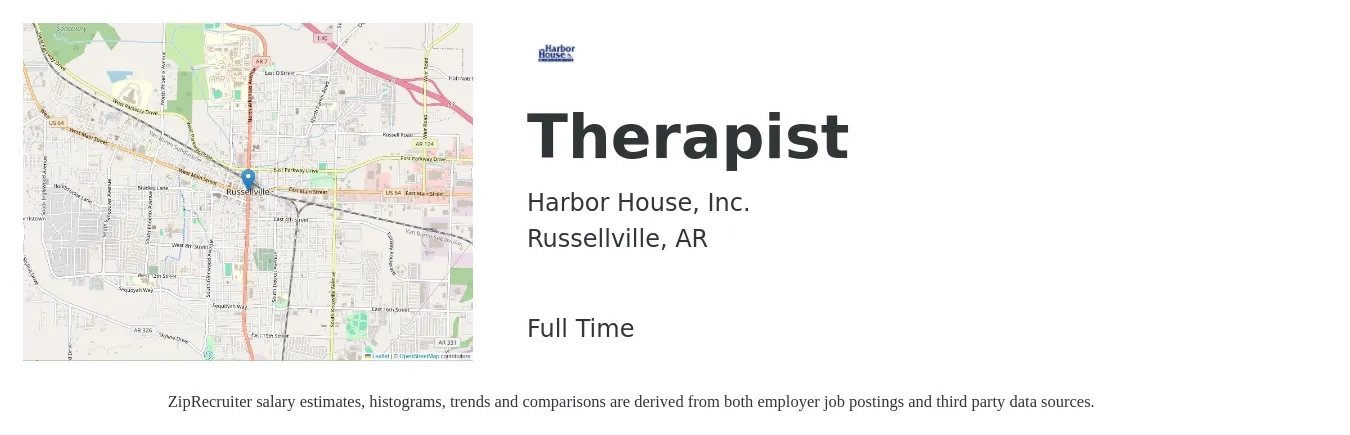 Harbor House, Inc. job posting for a Therapist in Russellville, AR with a salary of $52,100 to $69,900 Yearly with a map of Russellville location.