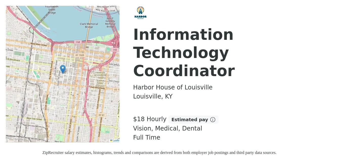 Harbor House of Louisville job posting for a Information Technology Coordinator in Louisville, KY with a salary of $19 Hourly and benefits including dental, life_insurance, medical, retirement, and vision with a map of Louisville location.