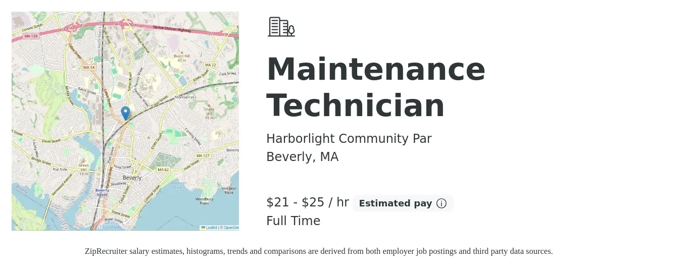 Harborlight Community Par job posting for a Maintenance Technician in Beverly, MA with a salary of $22 to $26 Hourly with a map of Beverly location.