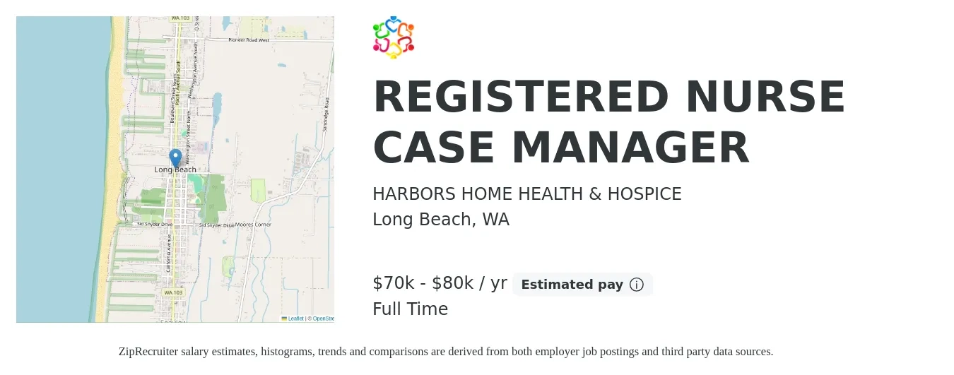 HARBORS HOME HEALTH & HOSPICE job posting for a REGISTERED NURSE CASE MANAGER in Long Beach, WA with a salary of $70,000 to $80,000 Yearly with a map of Long Beach location.