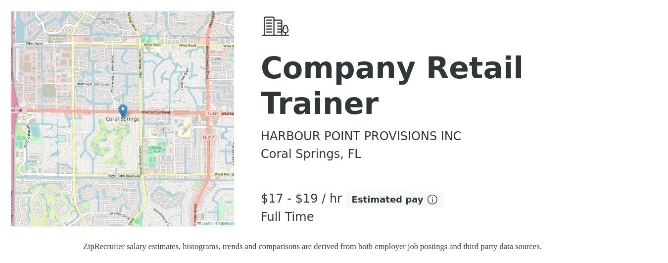 HARBOUR POINT PROVISIONS INC job posting for a Company Retail Trainer in Coral Springs, FL with a salary of $18 to $20 Hourly with a map of Coral Springs location.