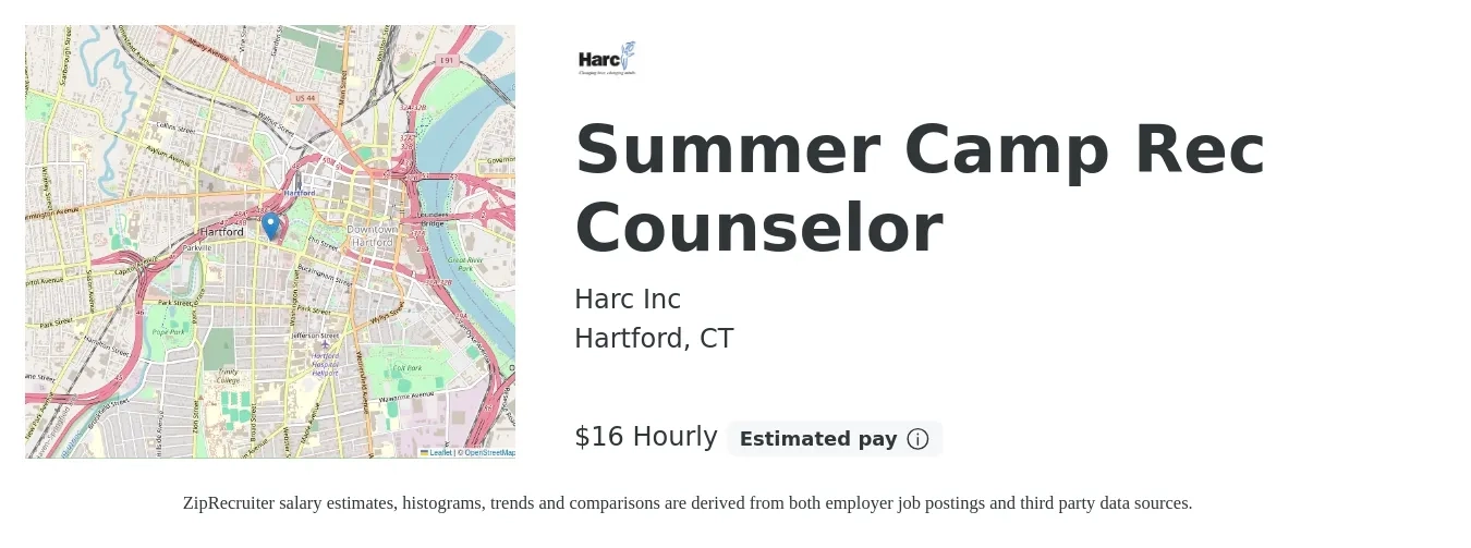 Harc Inc job posting for a Summer Camp Rec Counselor in Hartford, CT with a salary of $18 Hourly with a map of Hartford location.