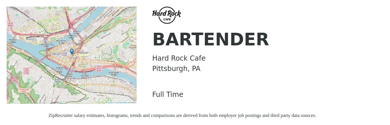 Hard Rock Cafe job posting for a BARTENDER in Pittsburgh, PA with a salary of $10 to $18 Hourly with a map of Pittsburgh location.