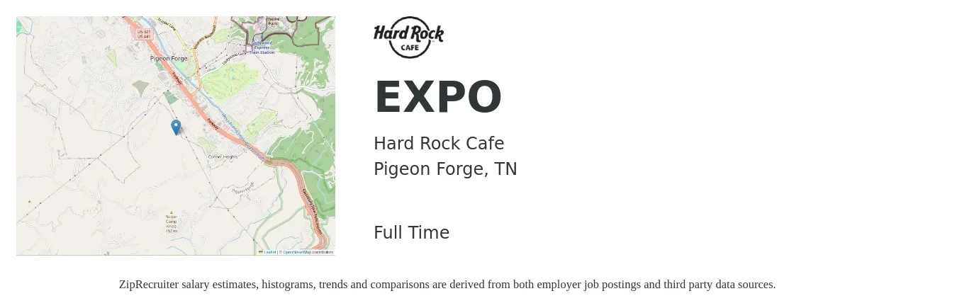 Hard Rock Cafe job posting for a EXPO in Pigeon Forge, TN with a salary of $13 to $17 Hourly with a map of Pigeon Forge location.